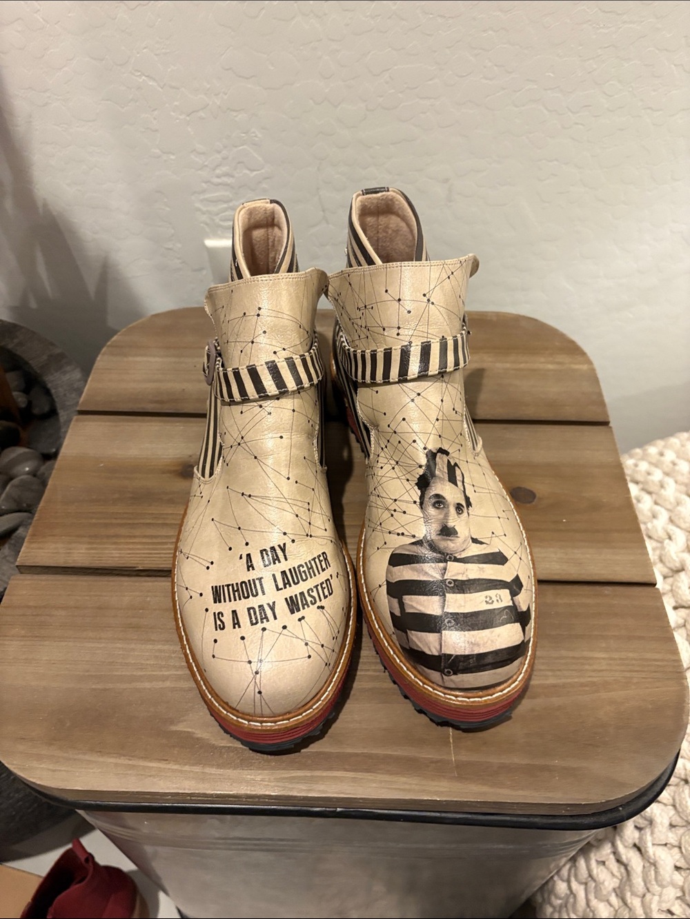 Beige Graphic Ankle Booties with Striped Strap